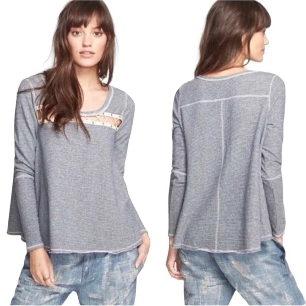 Free People Lace Up Thermal Top Boho Knit Pullover Long Sleeve Gray